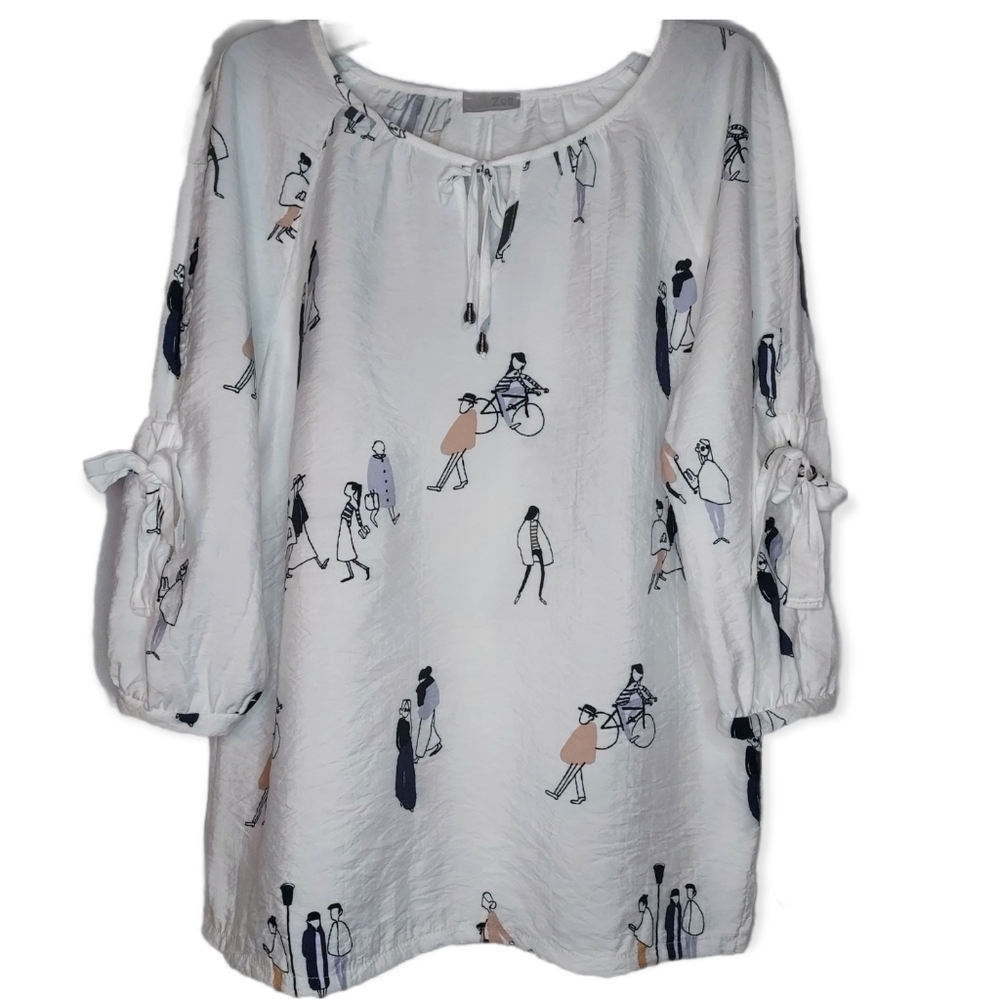 ZOE sketch art scoop neck, metal tassle keyhole, sz L